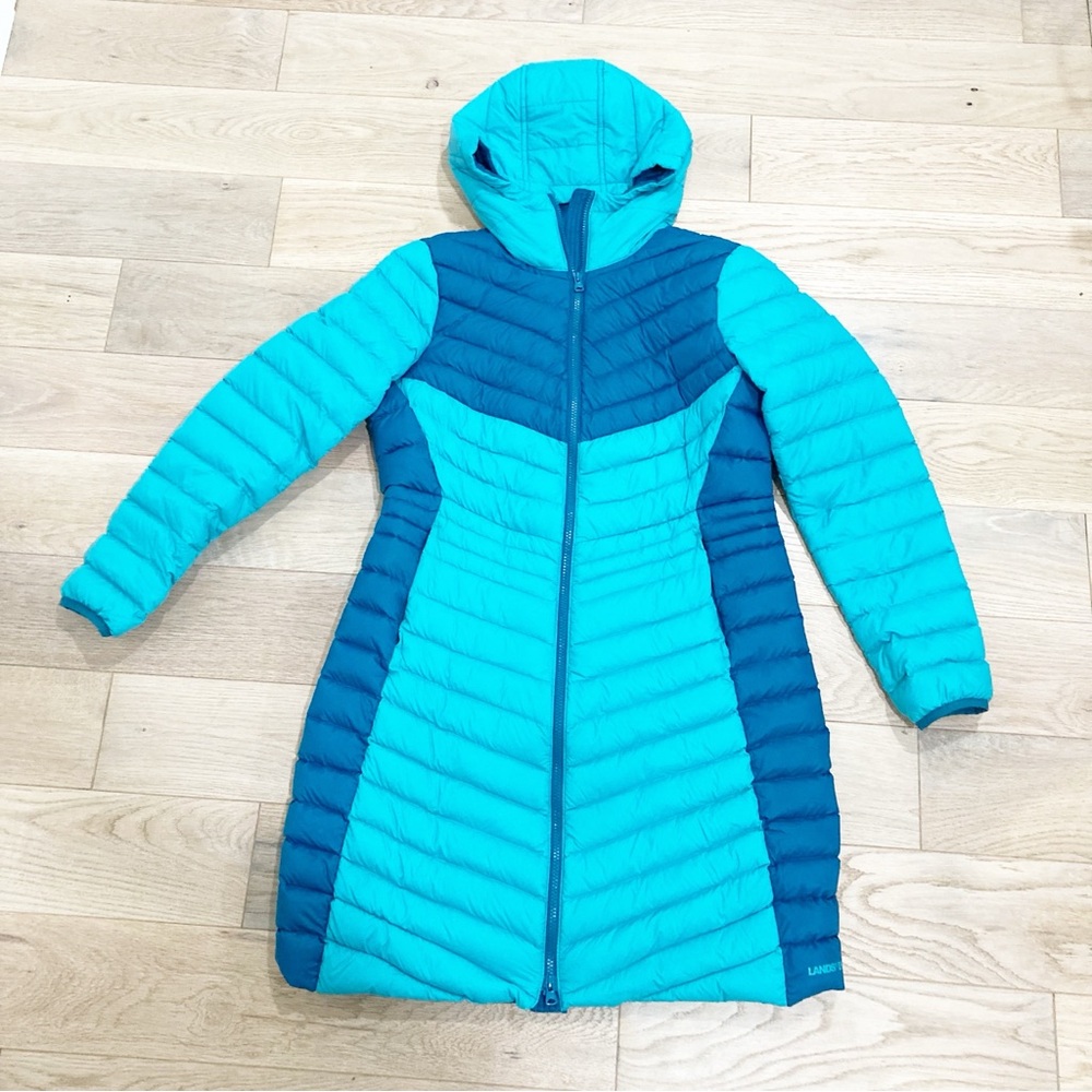 Lands' End Women's Aqua and Navy Puffer Coat Down filled